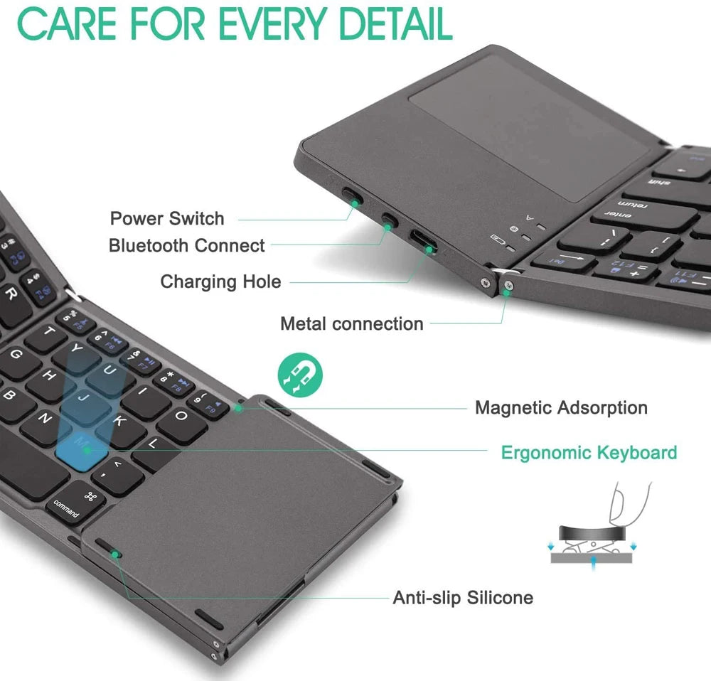 New Portable Mini Three Folding Bluetooth Keyboard Wireless Foldable Touchpad Keypad for IOS Android Windows ipad Tablet - My Store Bassej35